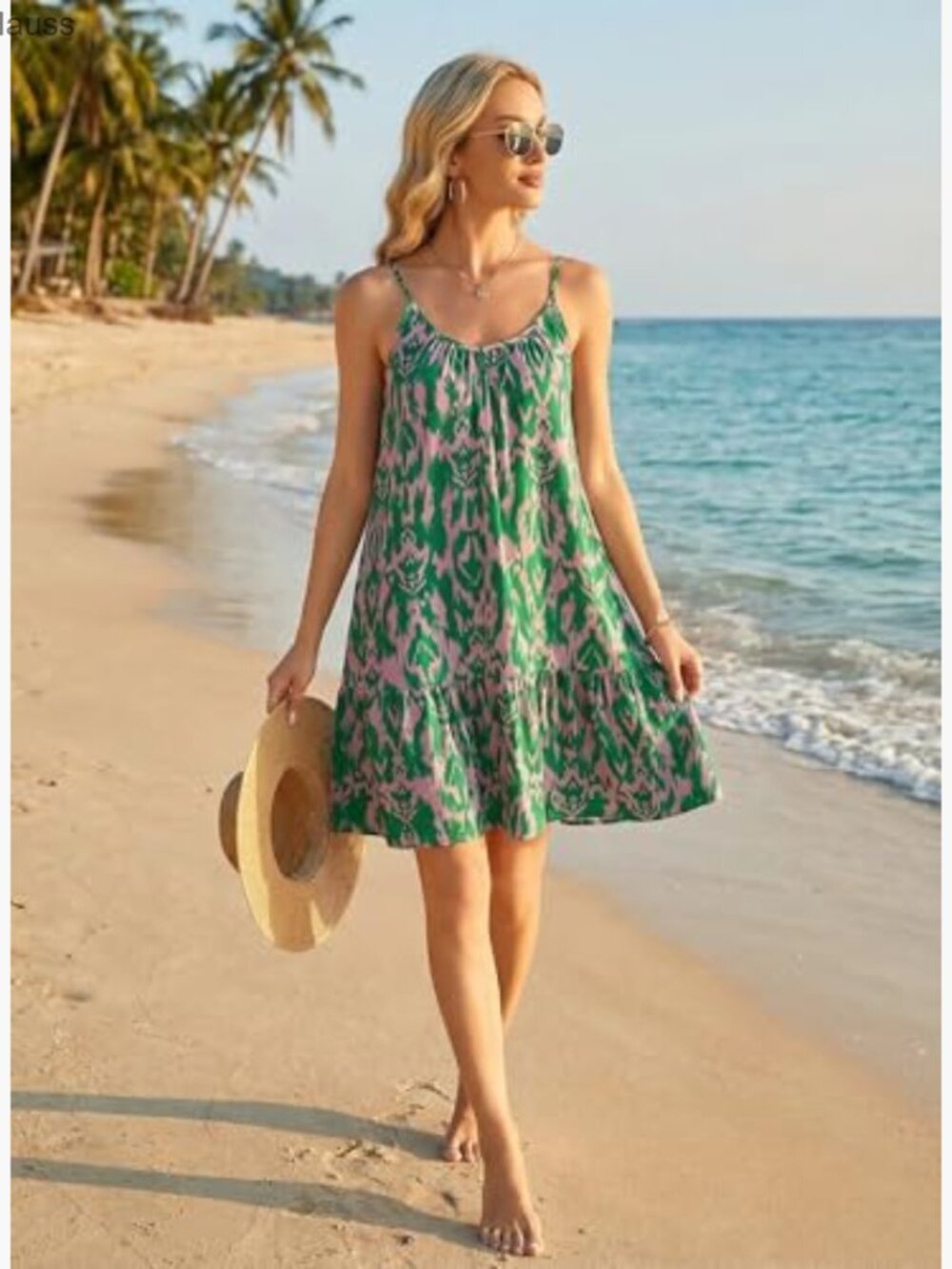 Spaghetti Strap V-Neck Smocked Boho Mini Dress Flowy Summer Casual - Picture 6 of 7